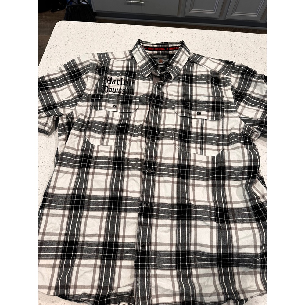 Harley-Davidson Mens XL Plaid Short Sleeve Button Up Shirt Black White Willie G